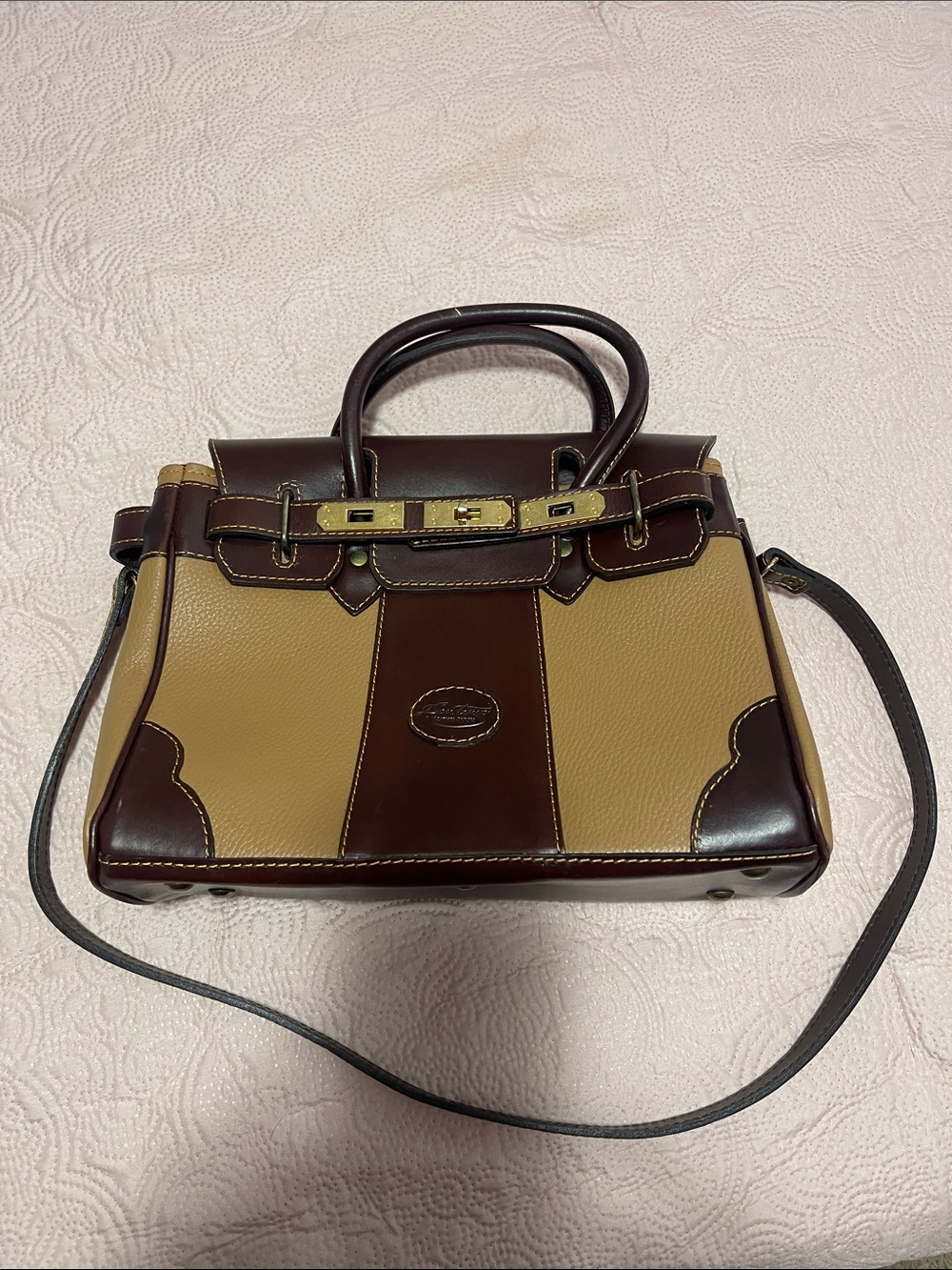 Two-Tone Tan & Dark Brown Structured Satchel with Shoulder Strap